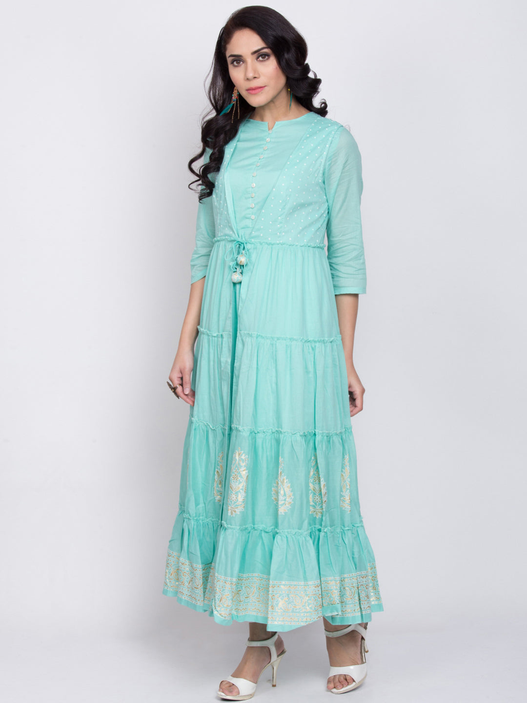 Biba Women Turquoise Blue & Beige Printed A-Line Kurta - Distacart