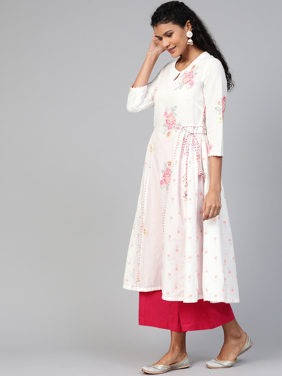 Biba Women White & Pink Panelled Floral Printed Anarkali Kurta - Distacart