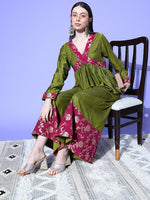 Thumbnail for InWeave Women's Olive Wine Brocade Mughal Shaan Kurta Palazzo Set - Distacart