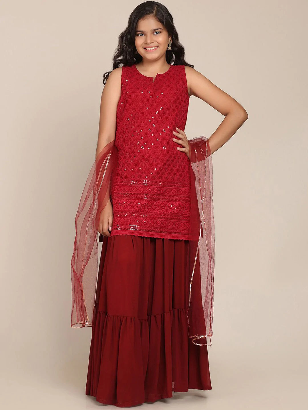 NOZ2TOZ Maroon Floral Embroidered Sequinned Kurti with Skirt & With Dupatta For Girls - Distacart