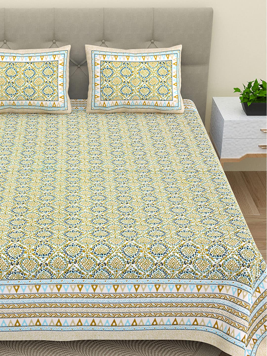 BELLA CASA Green & Blue Ethnic Motifs Cotton 180 TC King Bedsheet With 2 Pillow Covers - Distacart