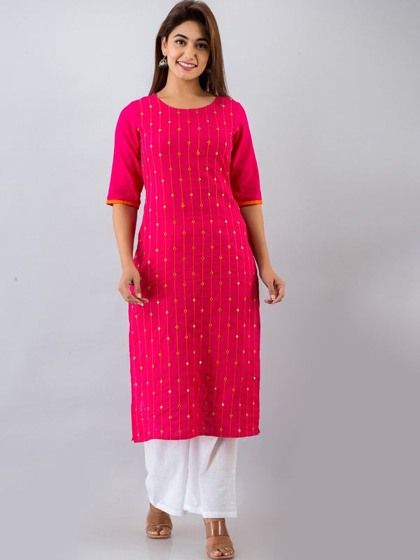 HERE&NOW Pink & White Geometric Embroidered Mirror Work Kurta with Palazzos - Distacart