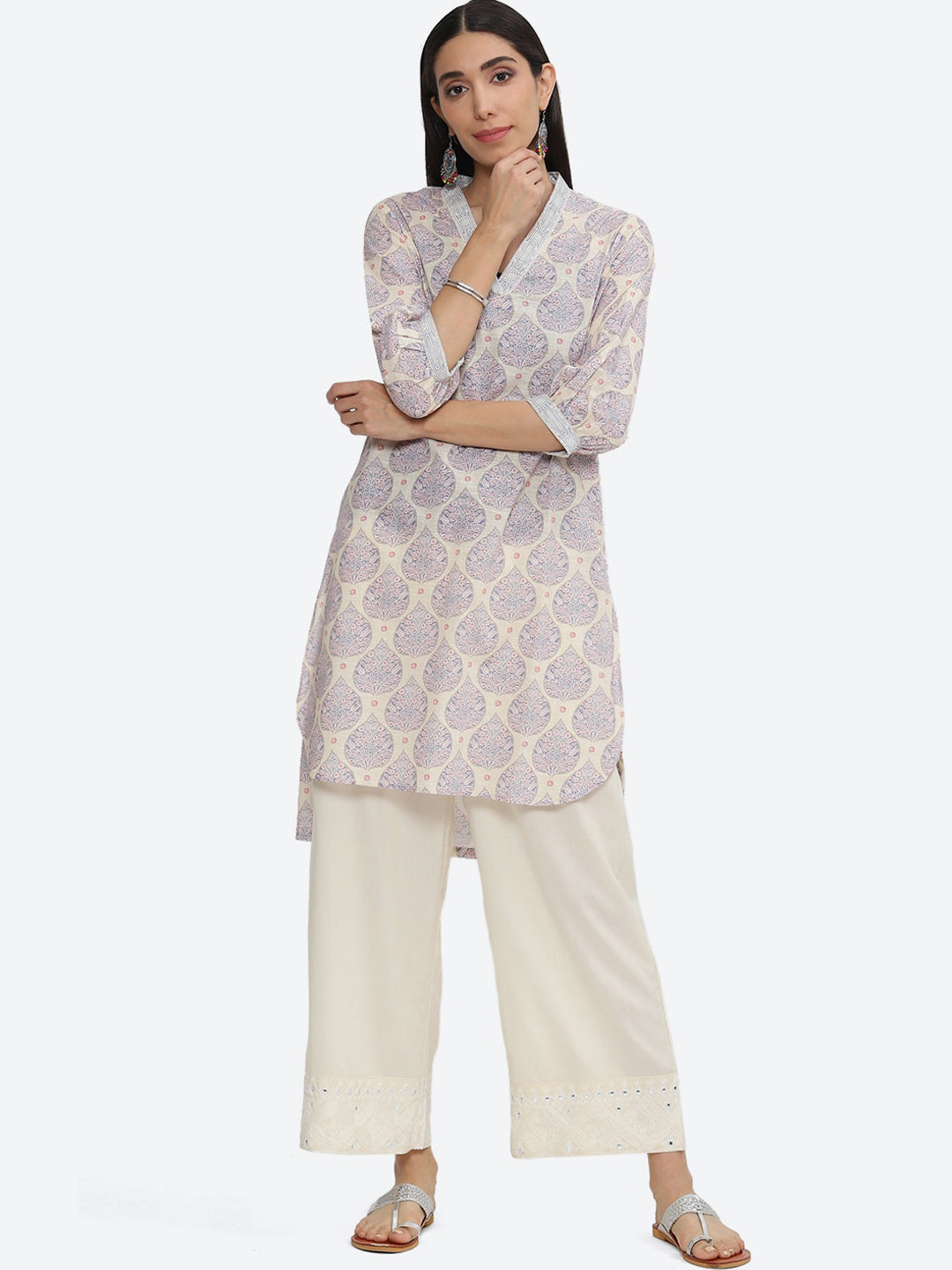 Biba V-Neck Ethnic Motifs Printed Pure Cotton Kurta - Distacart