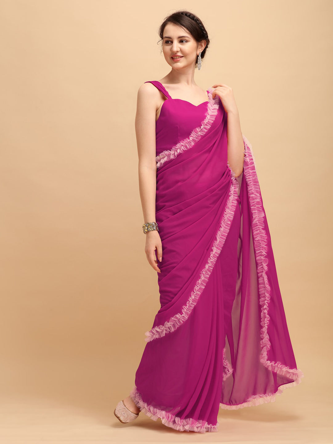Sangria Magenta Solid Poly Georgette Ruffled Saree - Distacart