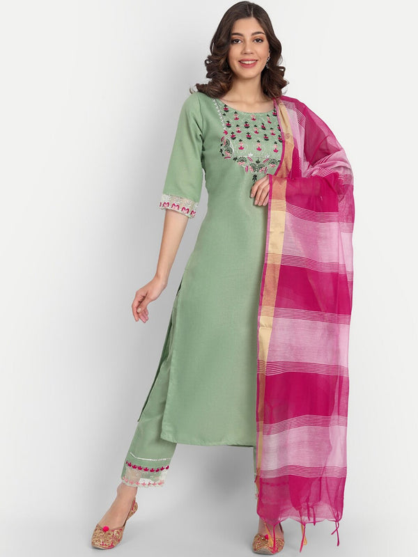 Kalini Floral Yoke Design Regular Thread Work Kurta with Trousers & With Dupatta - Distacart