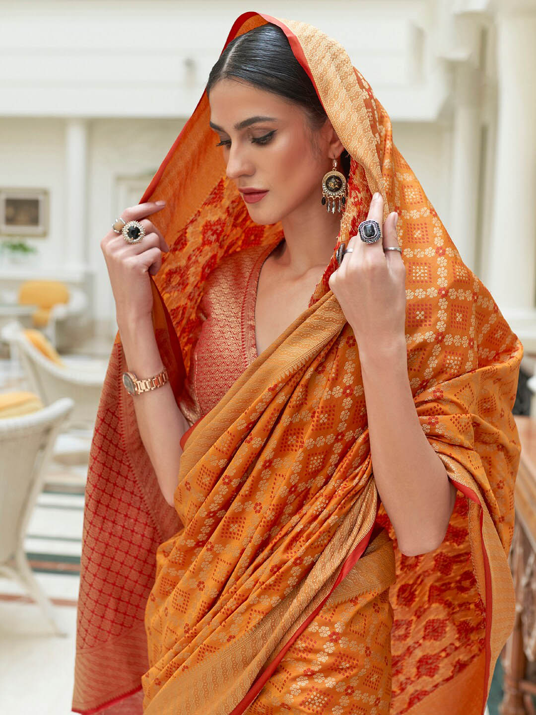 Mitera Women Mustard & Gold-Toned Woven Design Zari Silk Blend Patola Saree - Distacart