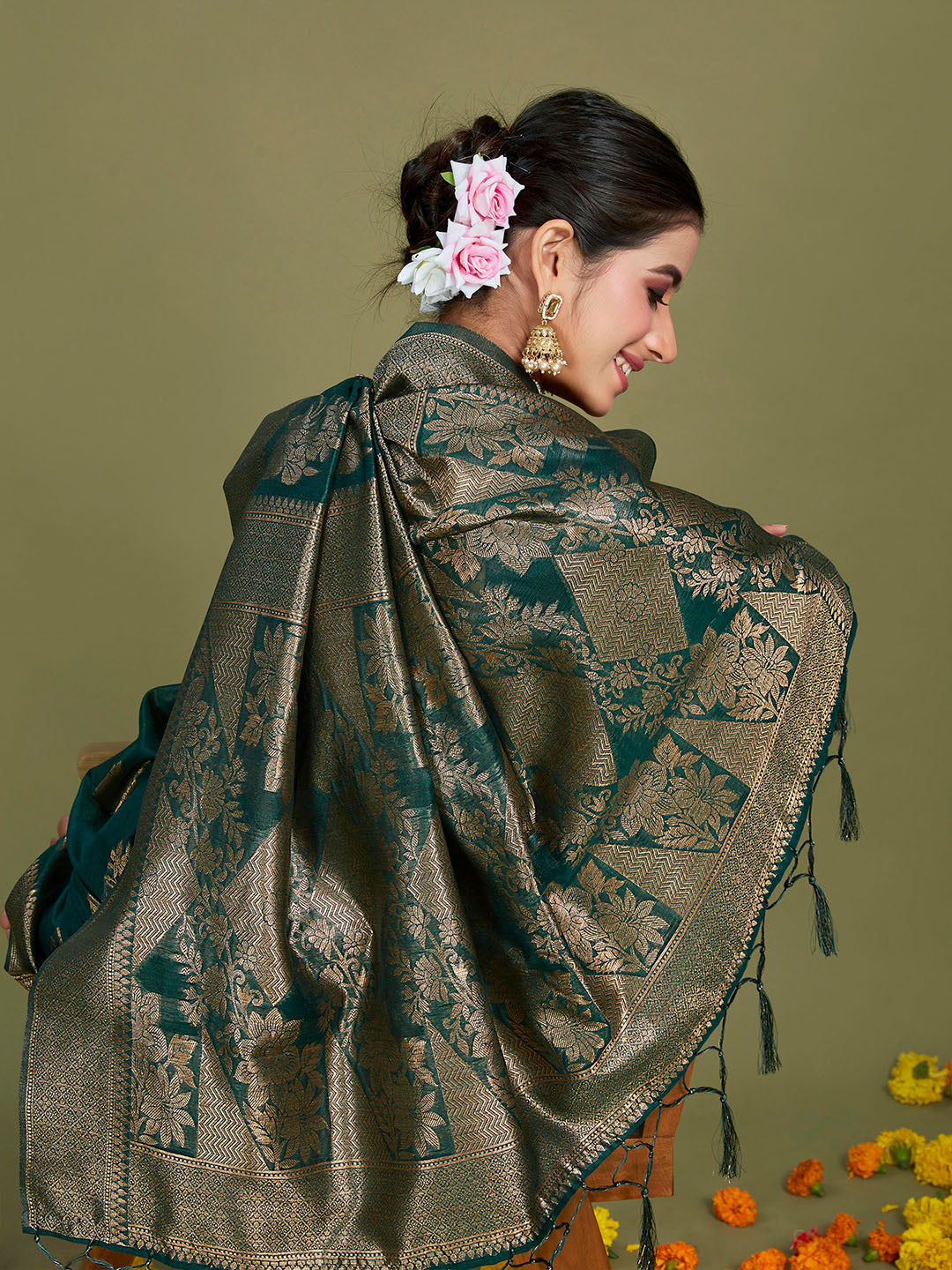 Sangria Ethnic Motifs Woven Design Linen Blend Saree - Distacart