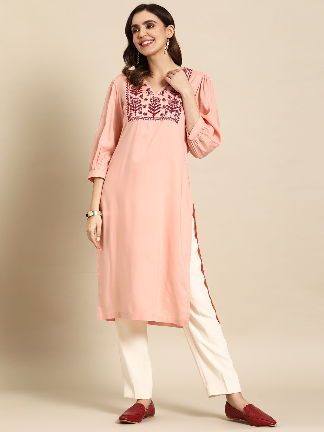 Sangria Floral Embroidered Kurta - Distacart
