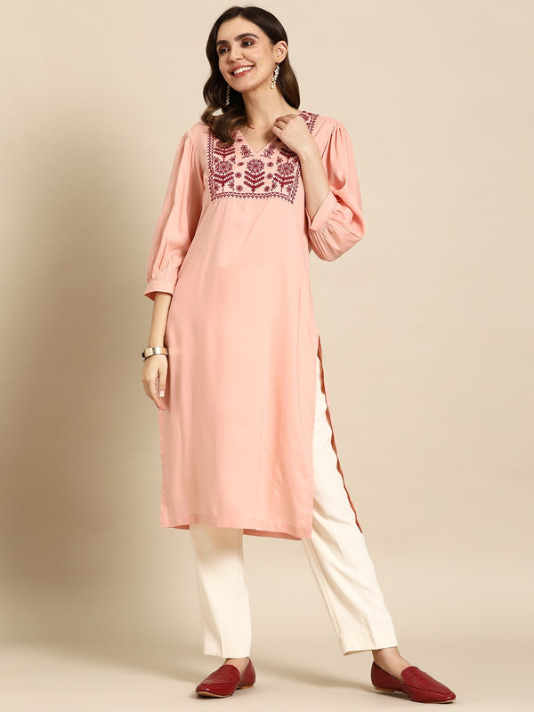 Sangria Floral Embroidered Kurta - Distacart