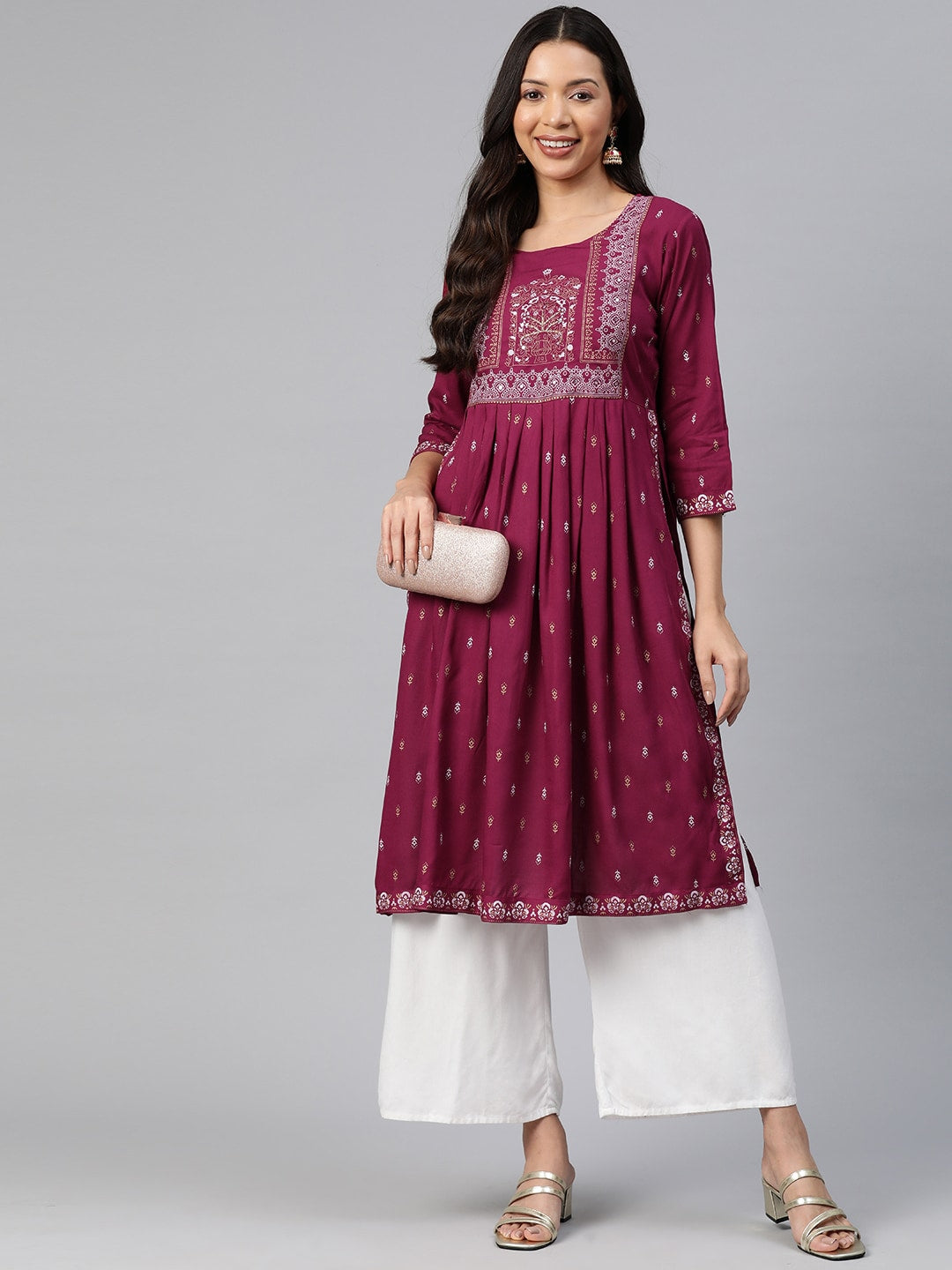 Kalini Ethnic Motifs Printed High Slit Mirror Work Kurta - Distacart