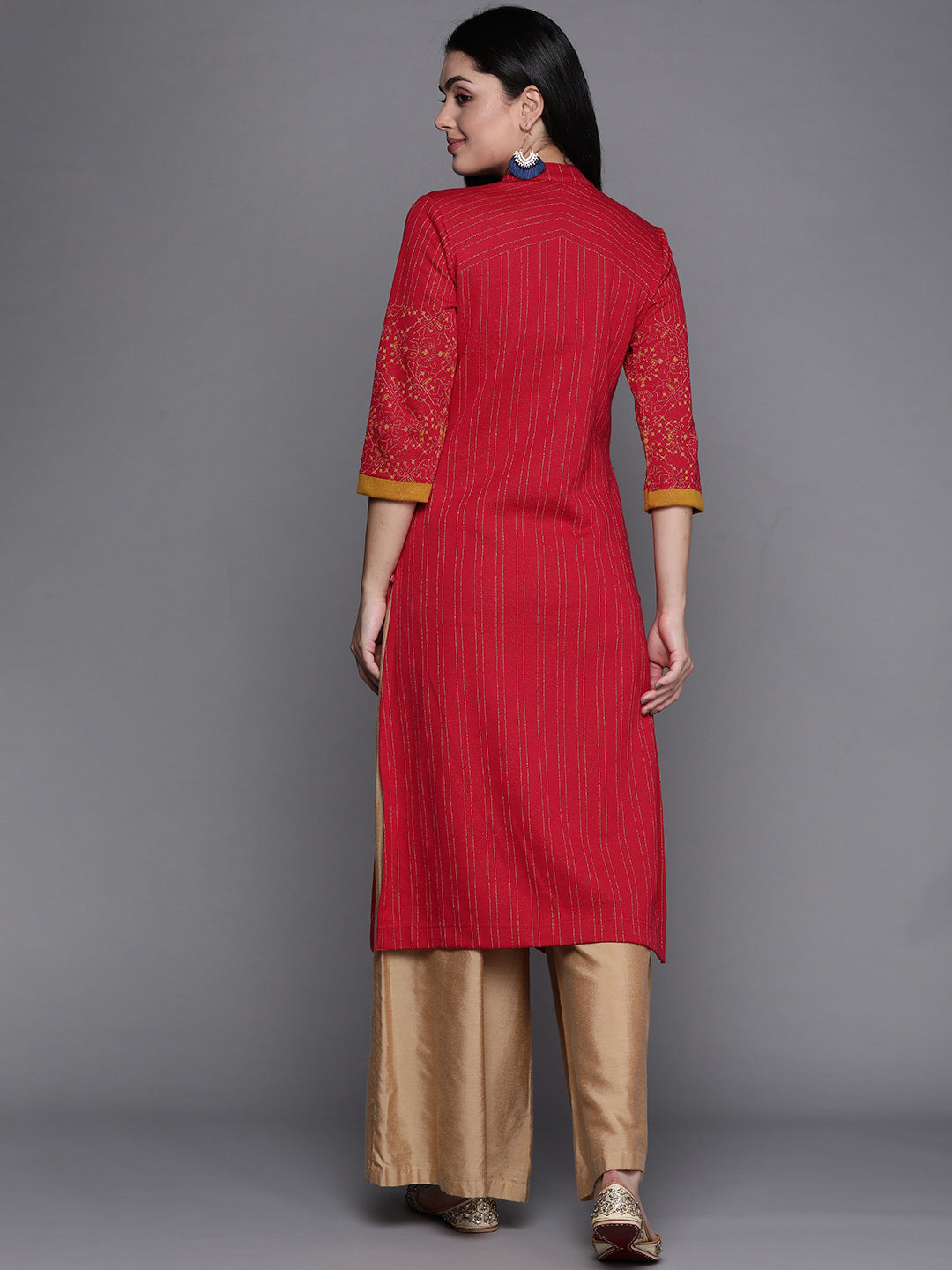 Biba Women Pink & Golden Striped Winter Kurta - Distacart