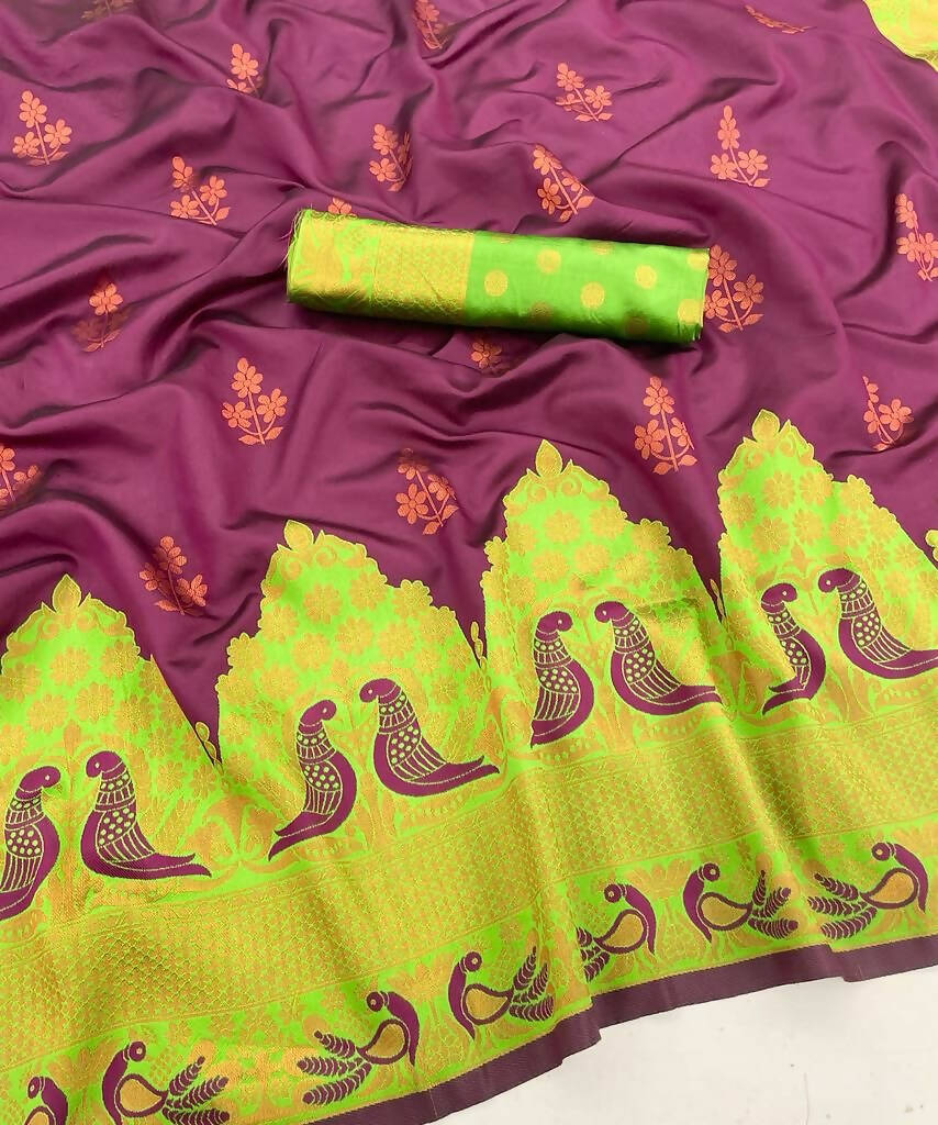 DEIANA'S Beautiful Golden Jari with New Design Soft Lichi Silk Saree - Wine - Distacart