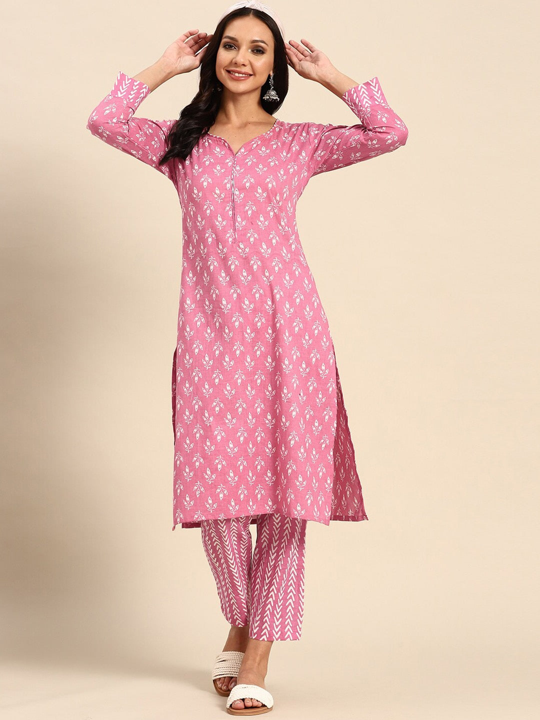 Sangria Pink Ethnic Motifs Printed V-Neck Pure Cotton Straight Kurta With Trouser - Distacart