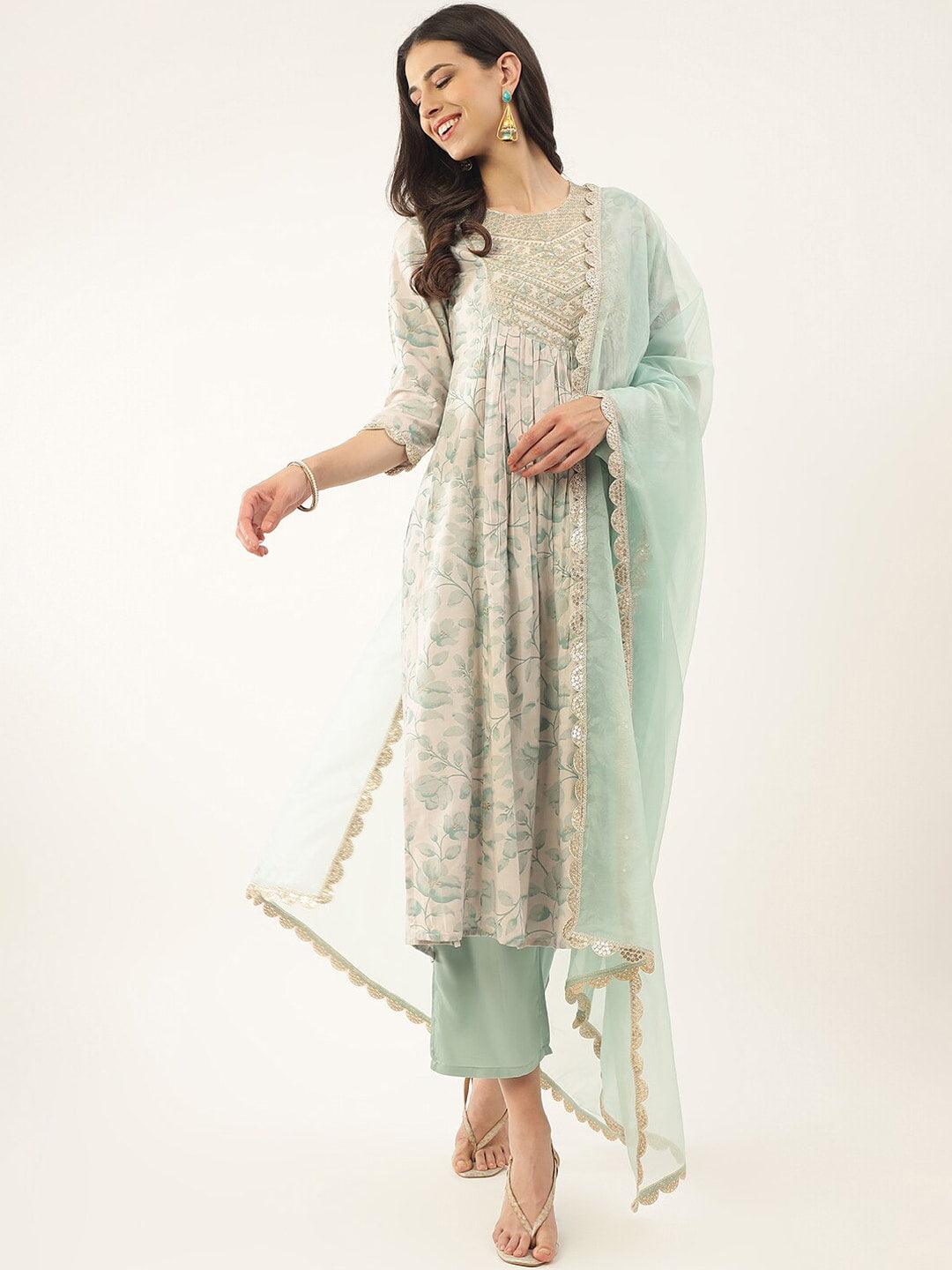 Khushal K Floral Printed Empire Thread & Mirror Work Kurta with Palazzos & Dupatta - Distacart