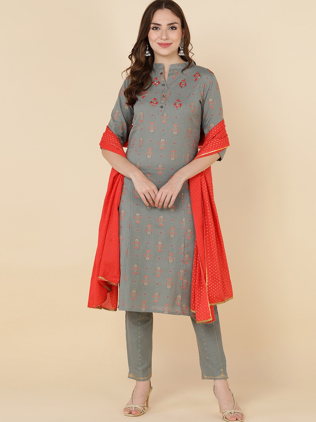 HERE&NOW Women Grey Ethnic Motifs Printed Gotta Patti Kurta with Trouser & Dupatta - Distacart