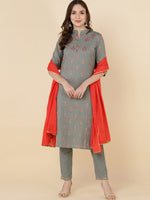 Thumbnail for HERE&NOW Women Grey Ethnic Motifs Printed Gotta Patti Kurta with Trouser & Dupatta - Distacart