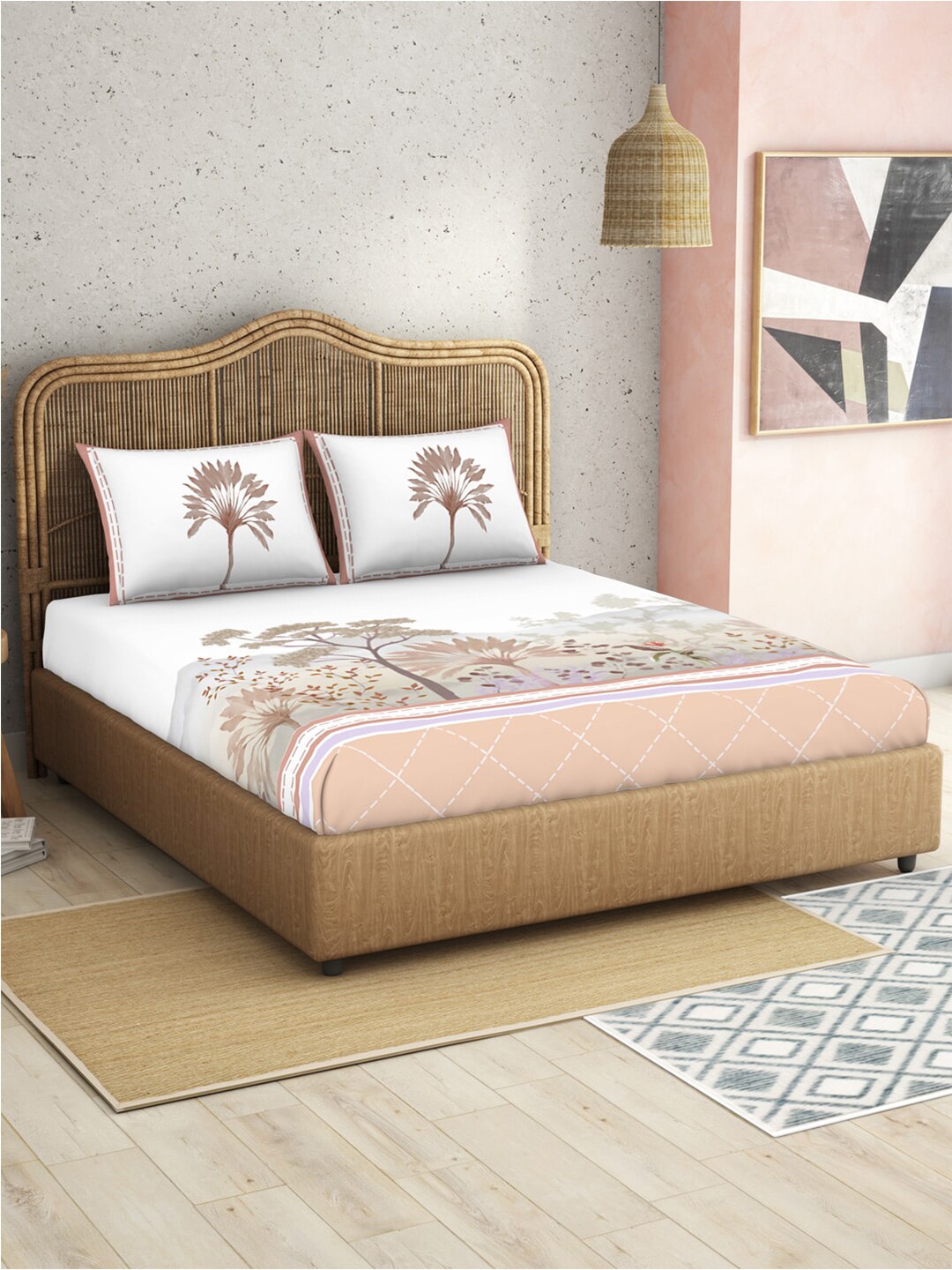 SPACES Kalakari Haath White Ethnic Motifs Cotton 210 TC King Bedsheet & 2 Pillow Covers - Distacart