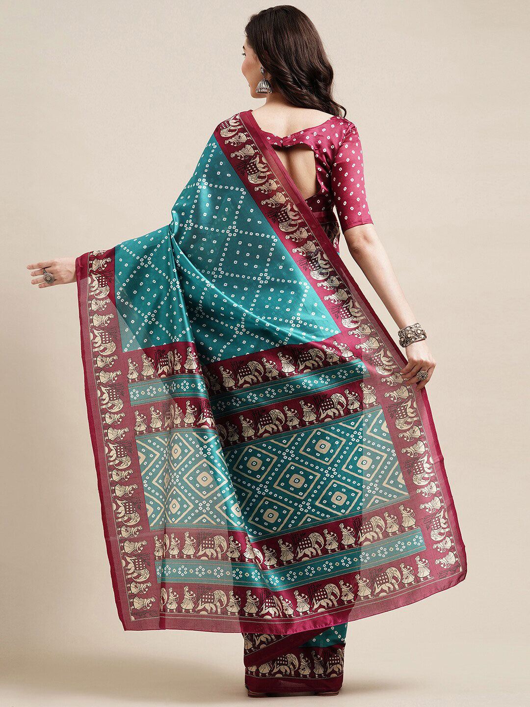 Saree Mall Blue & Maroon Bandhani Silk Blend Bandhani Sarees - Distacart