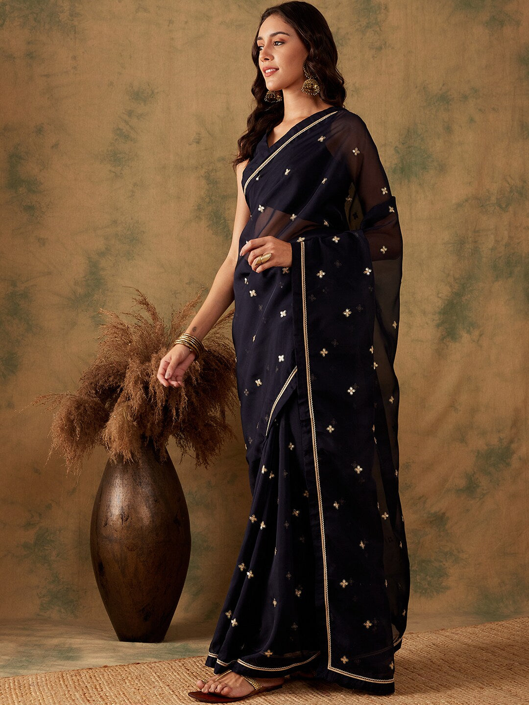 Sangria Floral Sequin Embroidered Organza Sarees - Distacart