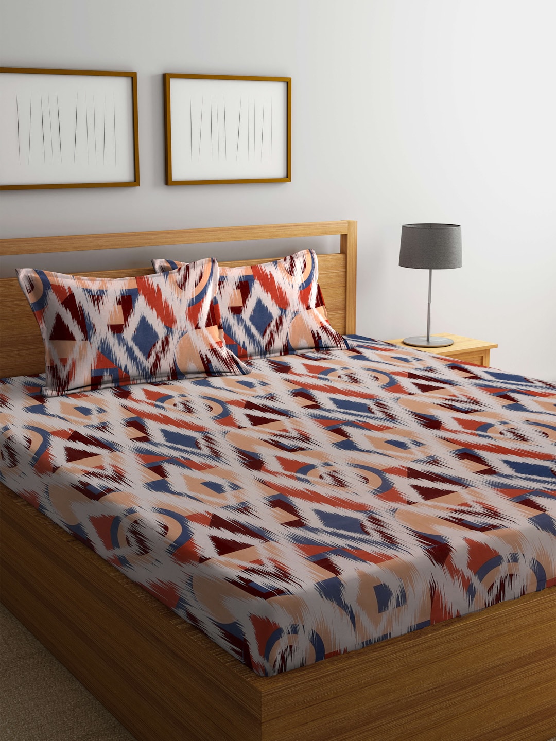 BOMBAY DYEING Marigold Brown Geometric Cotton 104 TC King Bedsheet & 2 Pillow Covers - Distacart