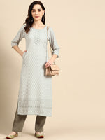 Thumbnail for Sangria Women Grey & White Ethnic Motifs Embroidered Thread Work Kurta - Distacart