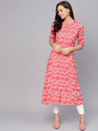 Thumbnail for Anubhutee Coral Pink & Off-White Printed A-Line Kurta - Distacart