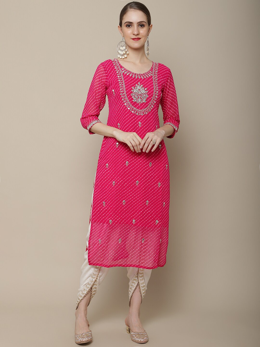 Sangria Women Pink Floral Embroidered Georgette Straight Kurta - Distacart