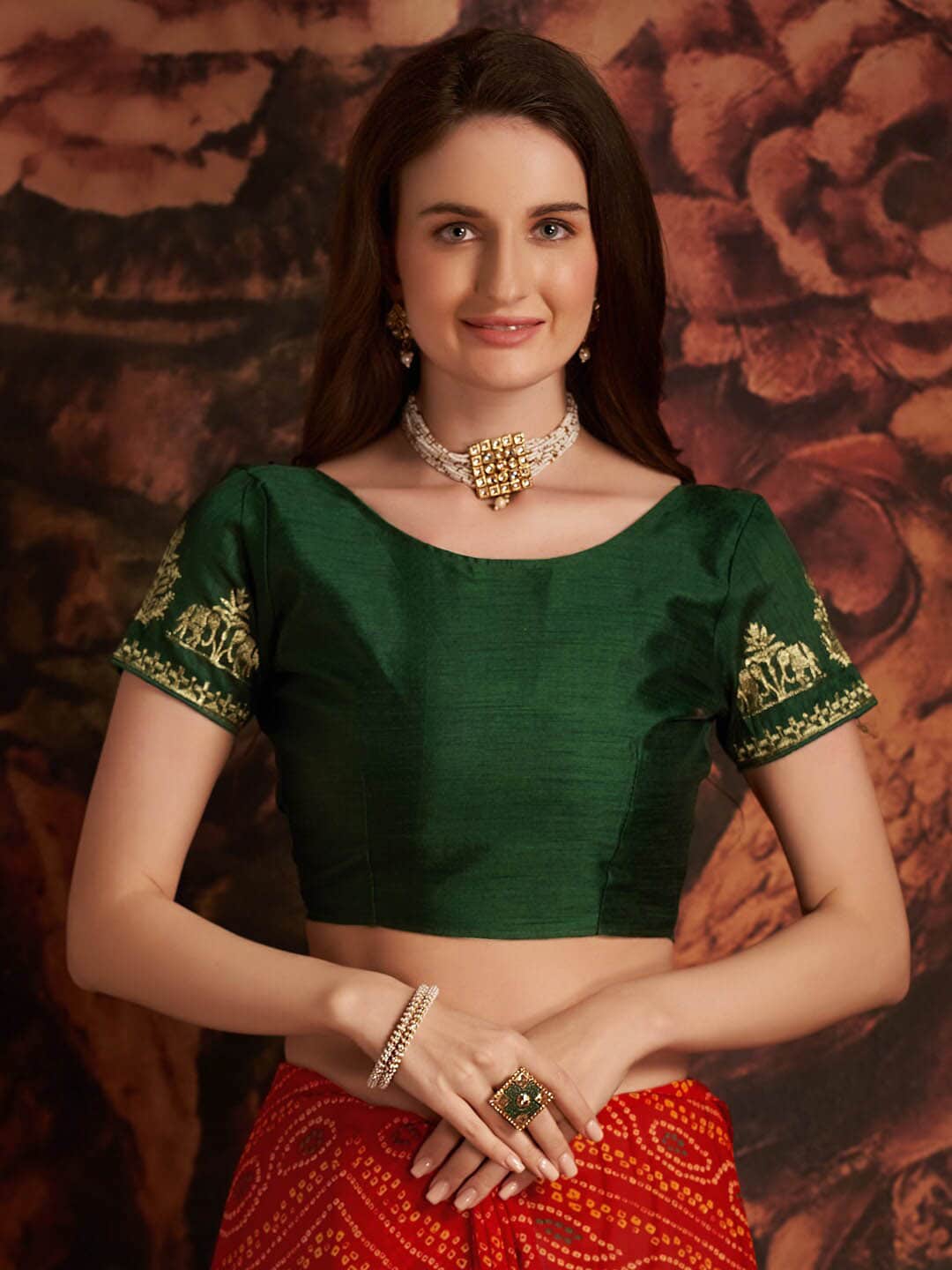 Anouk Red & Green Printed & Embroidered Pure Georgette Bandhani Saree - Distacart