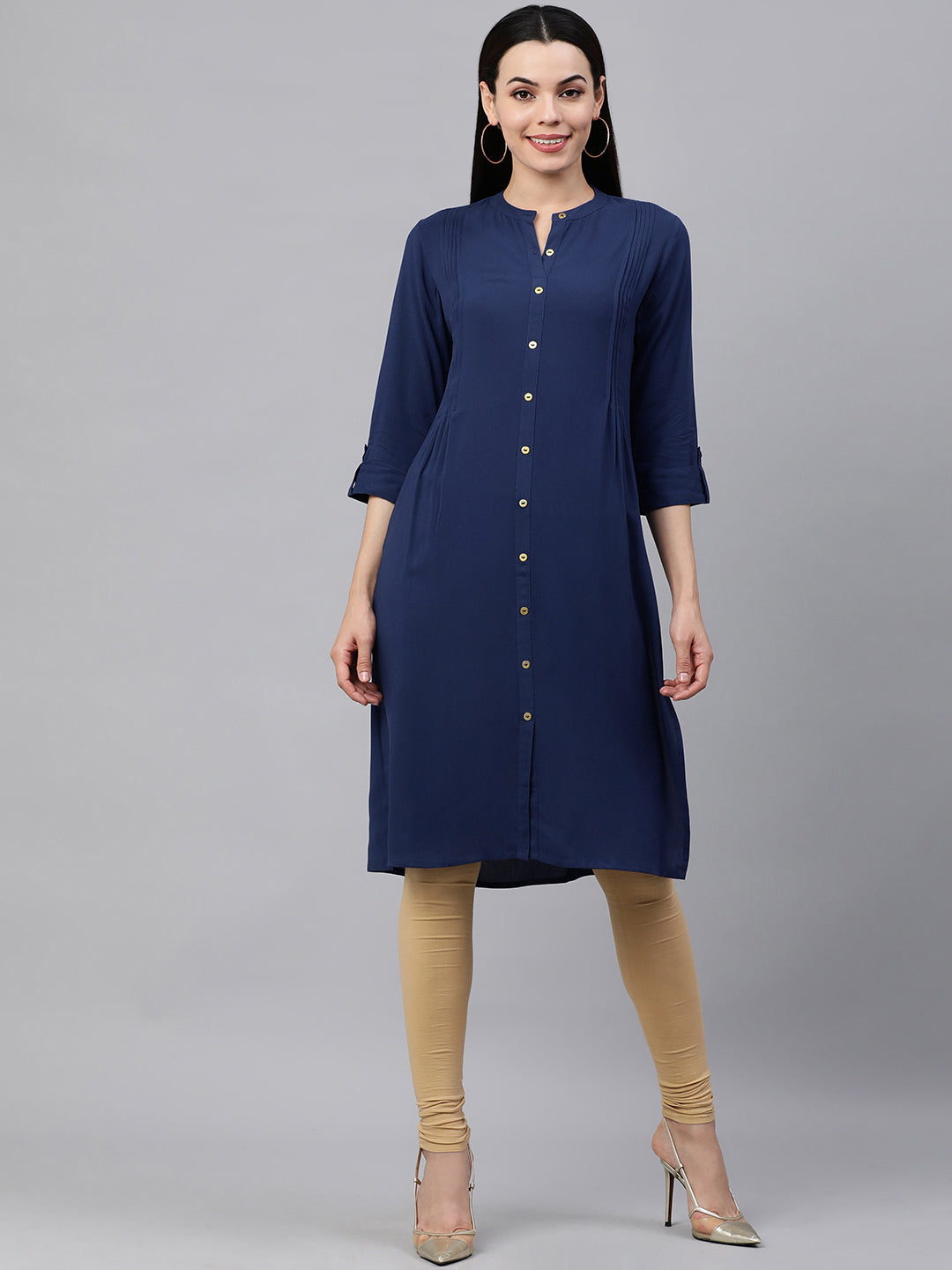 Kalini Women Navy Blue Solid Roll-Up Sleeves Kurta - Distacart