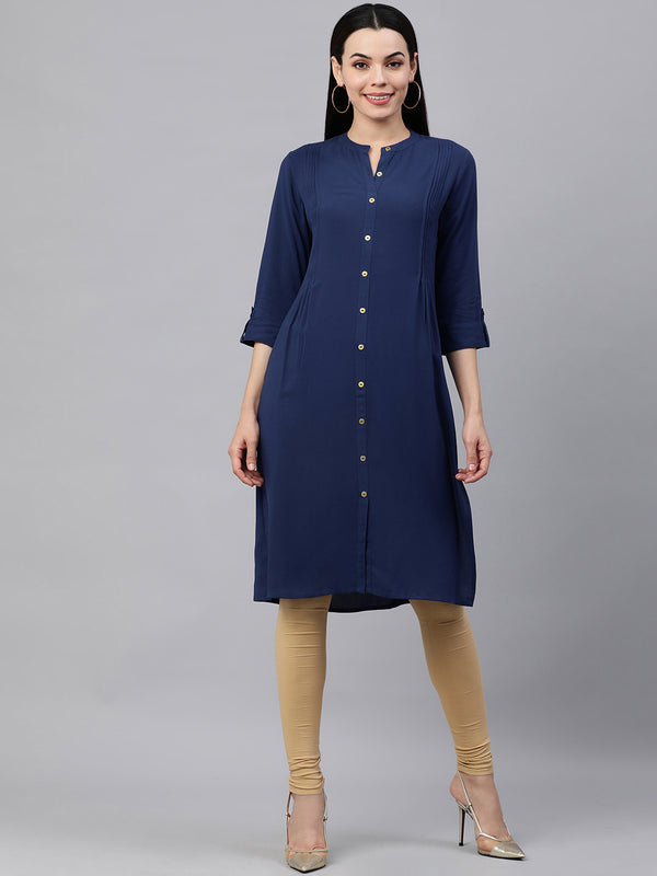 Kalini Women Navy Blue Solid Roll-Up Sleeves Kurta - Distacart