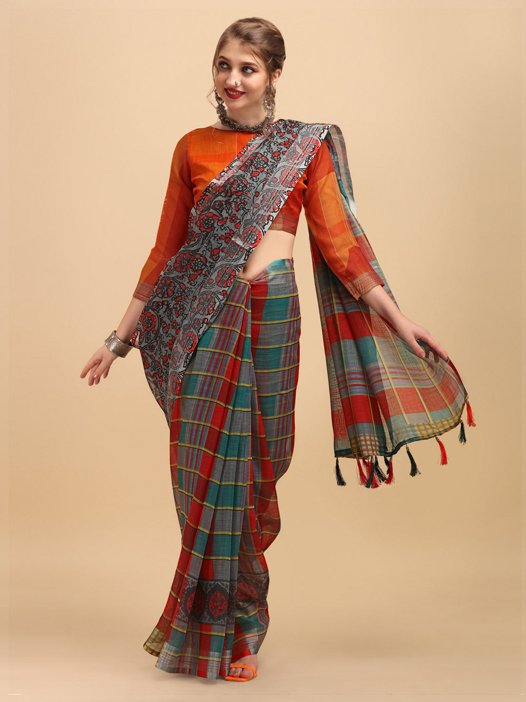 Sangria Grey & Red Beads and Stones Pure Linen Saree - Distacart