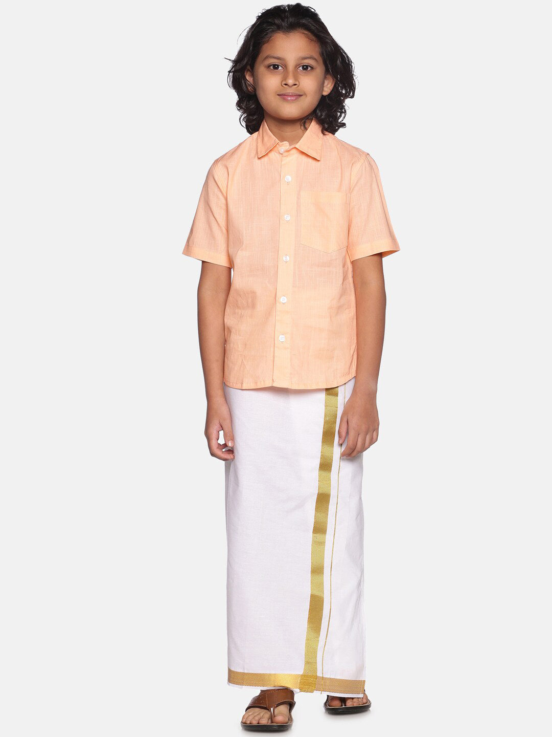 Sethukrishna Boys Orange & White Solid Cotton Shirt & Dhoti Set - Distacart