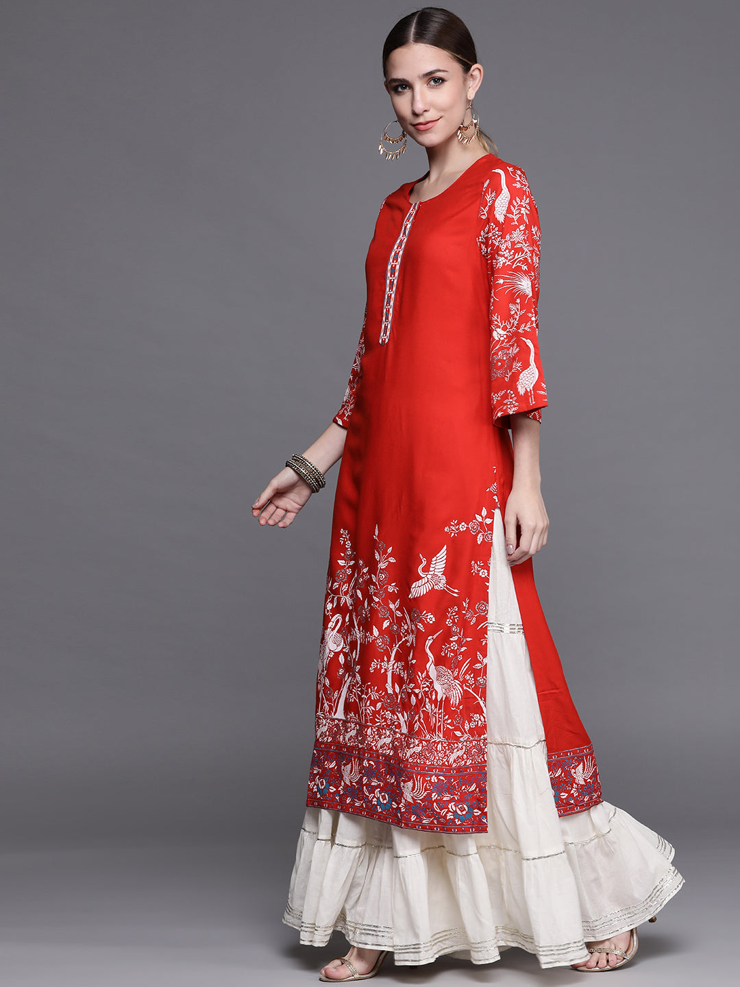 Biba Women Red Floral Printed Extended Sleeves Kurta - Distacart