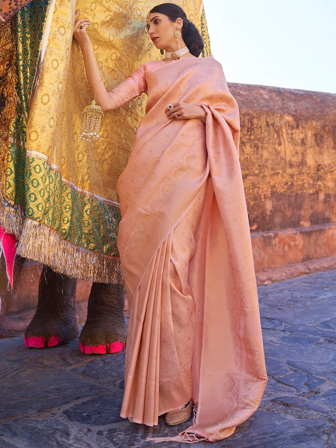 Mitera Peach-Coloured & Gold-Toned Ethnic Motifs Zari Silk Blend Banarasi Saree - Distacart