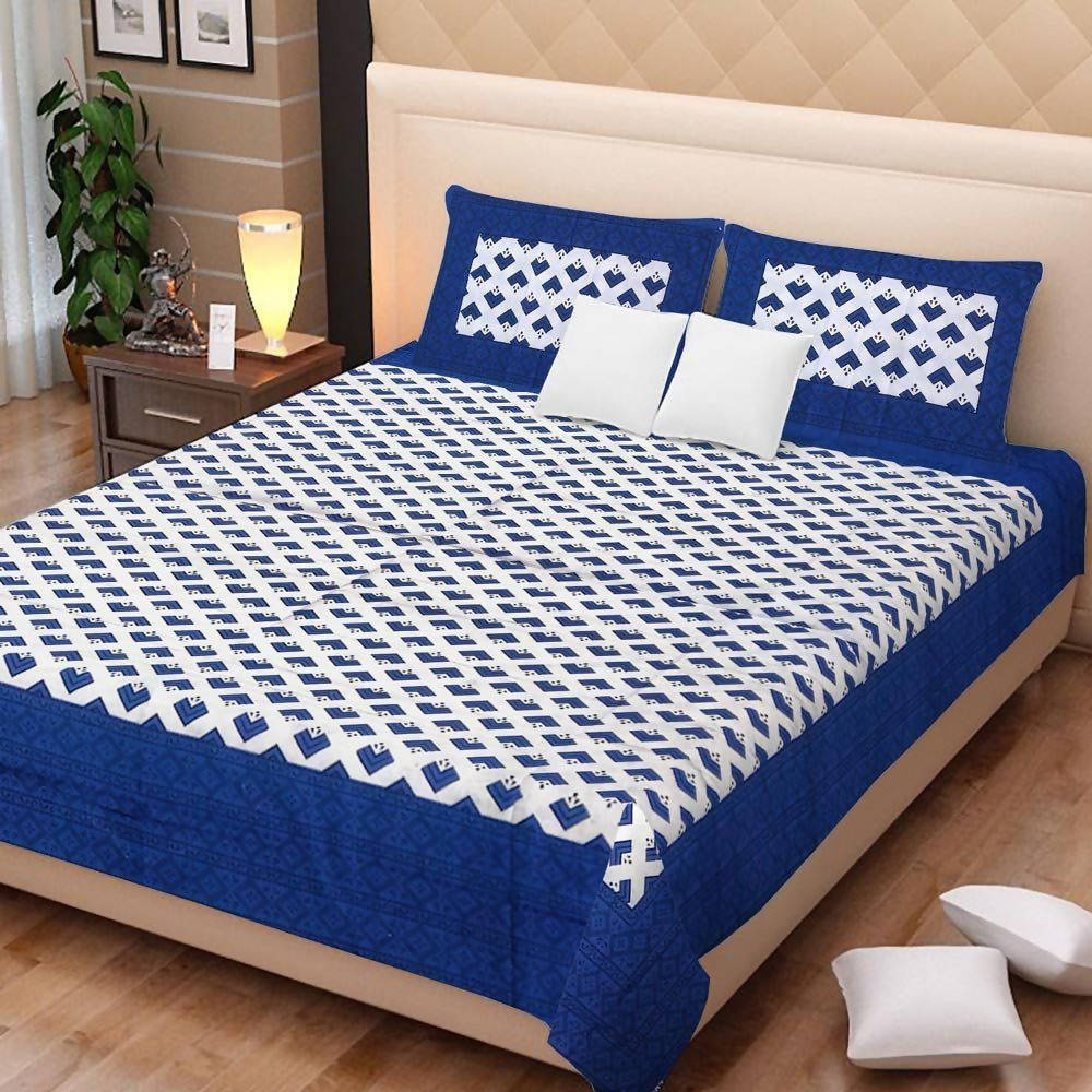 Vamika Printed Cotton White & Blue Bedsheet With Pillow Covers (LEOC_BRFI_B) - Distacart