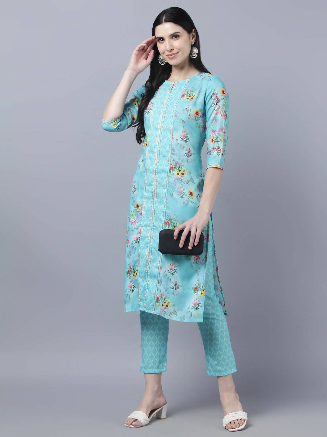 Myshka Women Blue Yellow Printed Kurta with Trousers - Distacart