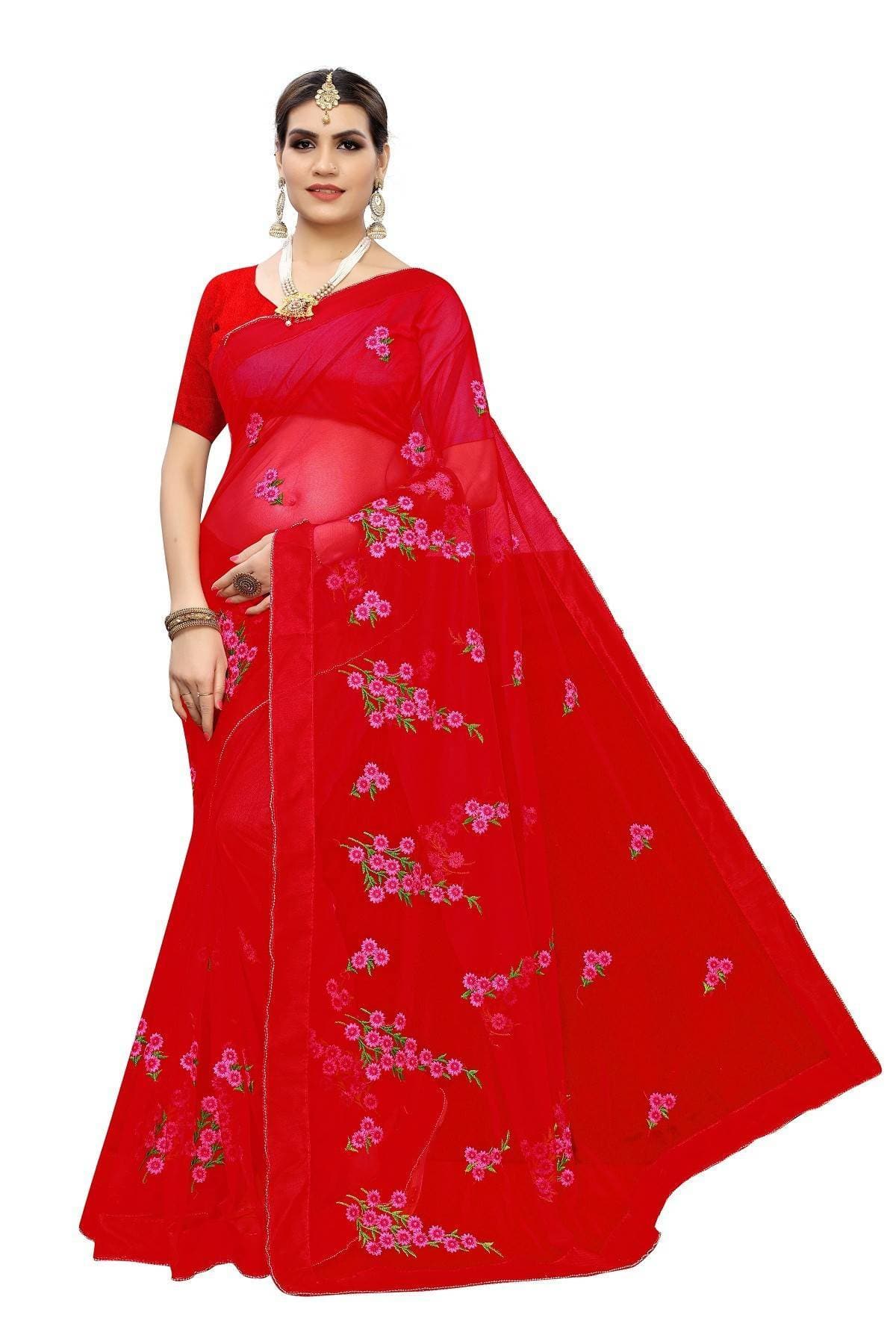 Vamika Red Net Embroidery Saree