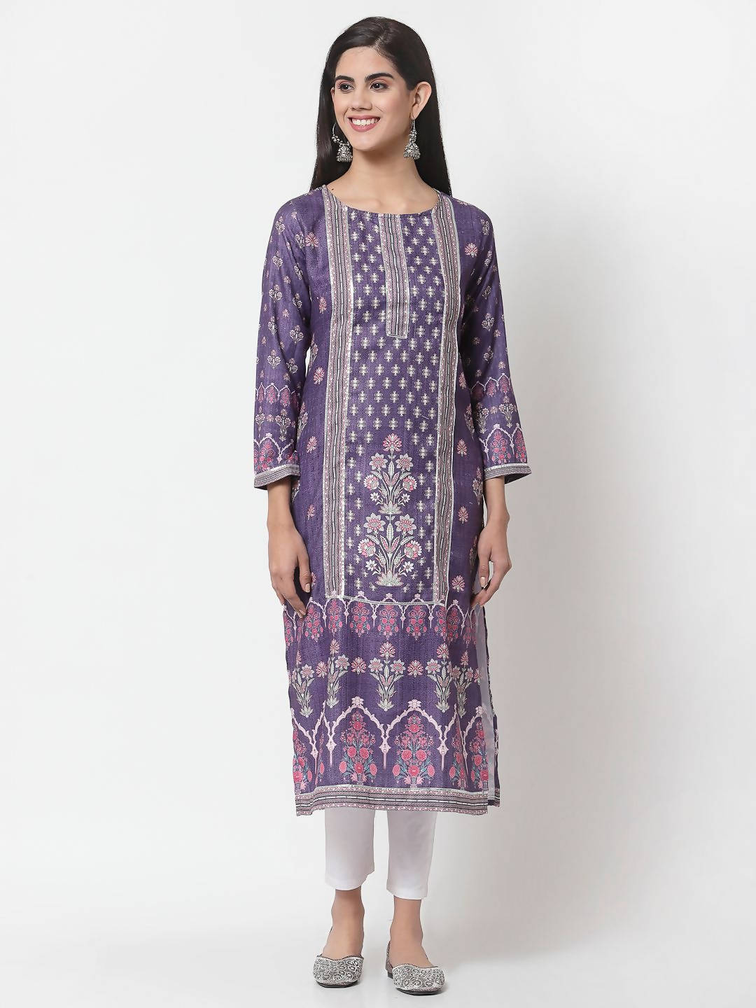 Myshka Women's Purple Printed Polyester Full Sleeve Round Neck Casual Kurta
