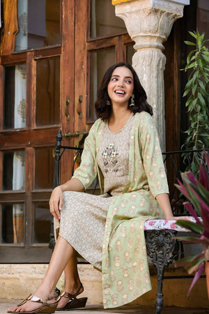Yufta Green Printed and Embroidered Dress