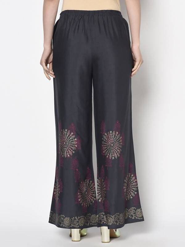 Aniyah Rayon Dark Grey Color Block Print Flared Slip-On Palazzo (AN-201K)