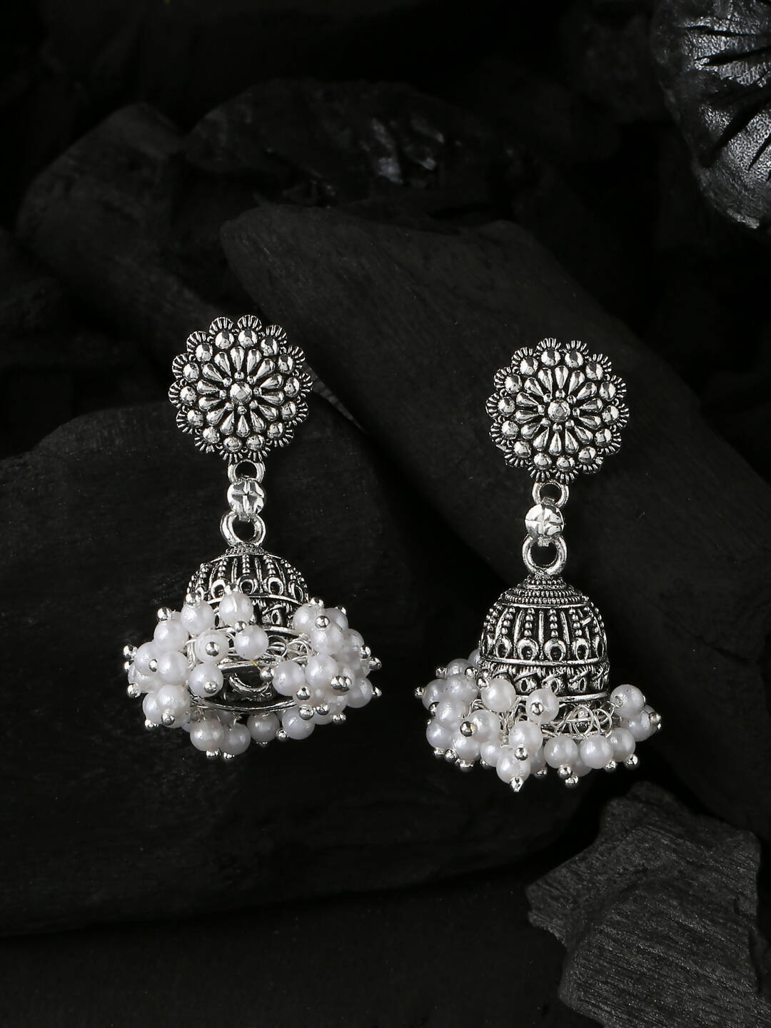 NVR Women Silver Toned Dome Shaped Jhumkas Earrings - Distacart