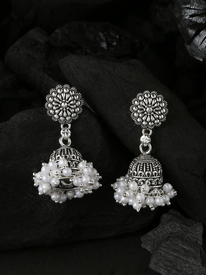 NVR Women Silver Toned Dome Shaped Jhumkas Earrings - Distacart