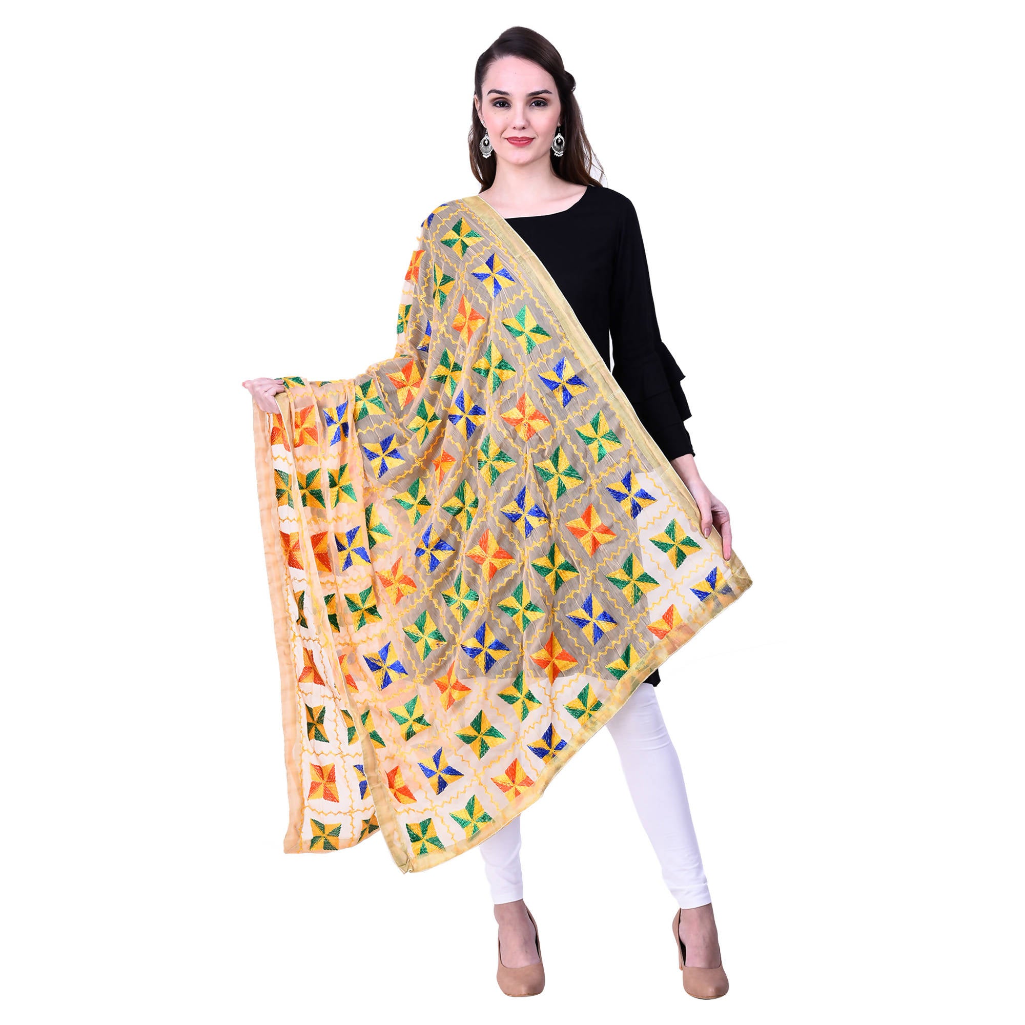 SWI Stylish Women's Embroidered Phulkari Chiffon Beige Dupatta