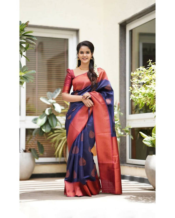 DEIANA'S Beautiful Golden Jari with New Design Soft Lichi Silk Saree - Navy Blue - Distacart