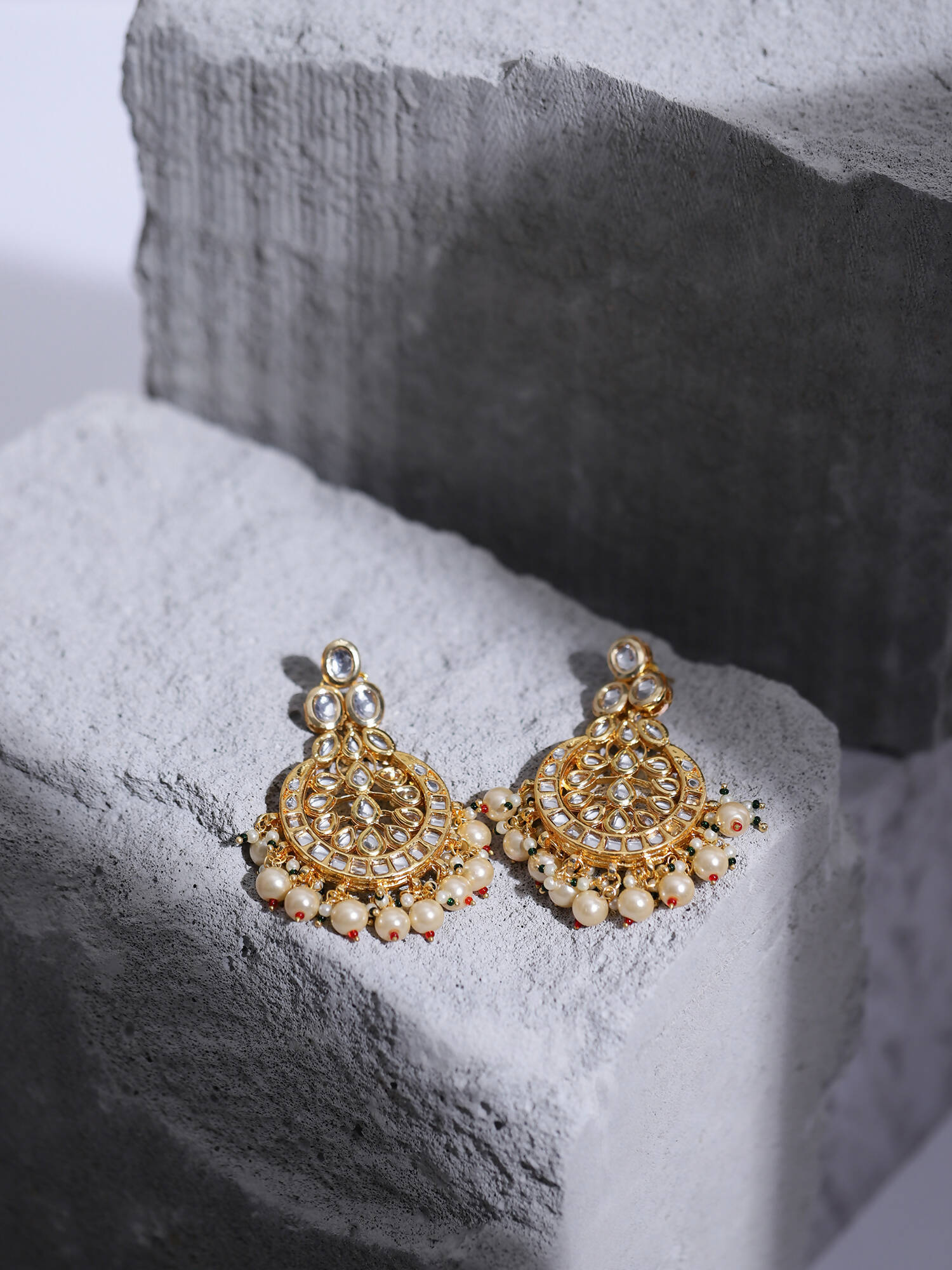 Gold-Toned White Kundan Contemporary Gold-Plated Chandbalis Earrings - Ruby Raang - Distacart