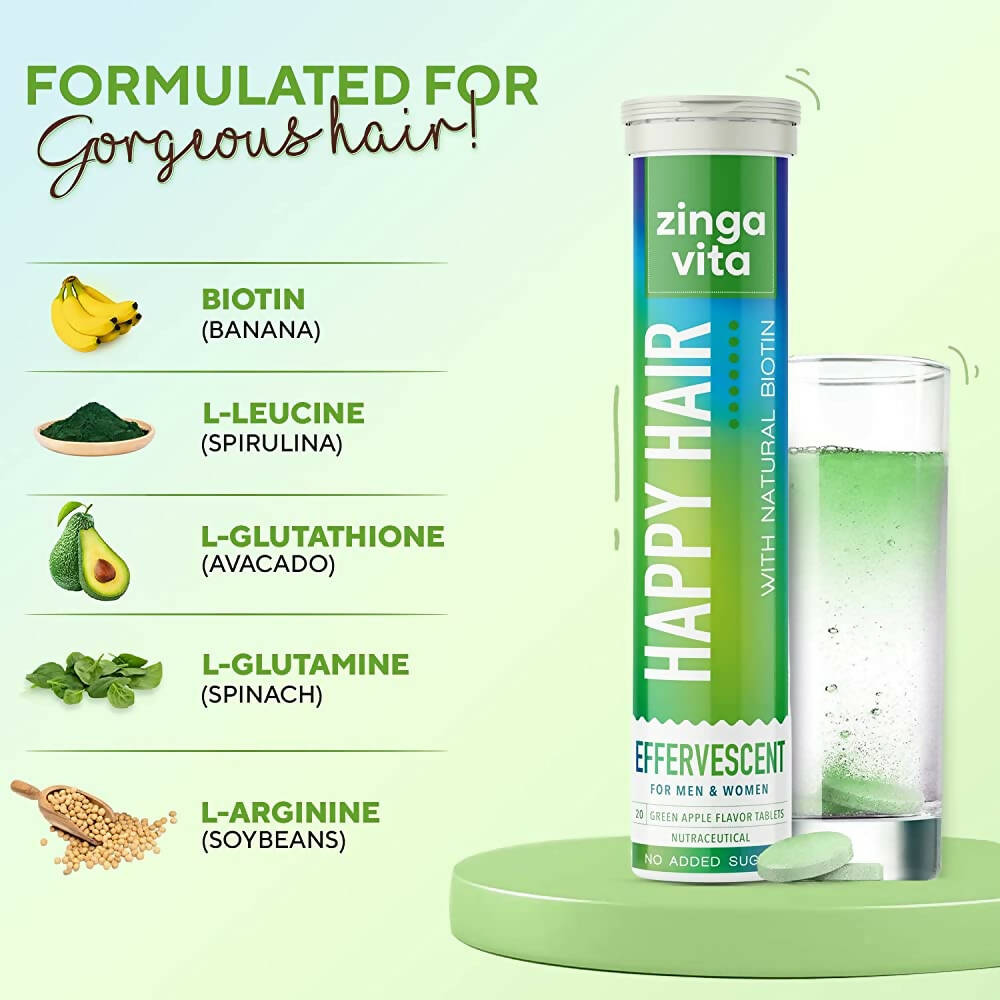 Zingavita Happy Hair Biotin Effervescent Tablets (Green Apple Flavor) Sugar Free - Distacart