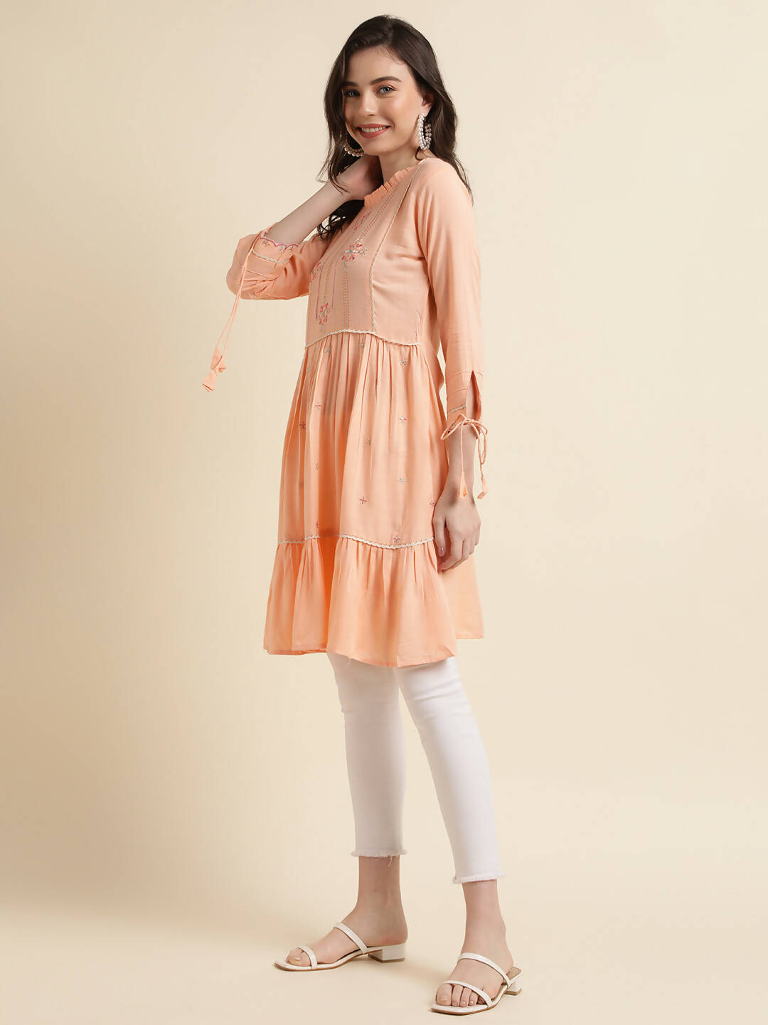 Peach Poly Cotton Yoke Embroidered A-line Top - Tarini - Distacart