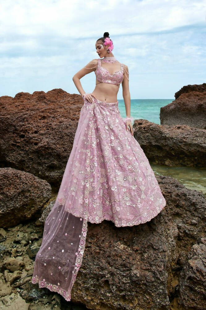 House of Panchhi Mauve Organza Sequins, Zarkan And Thread Embroidery Lehenga Choli & Dupatta - Distacart