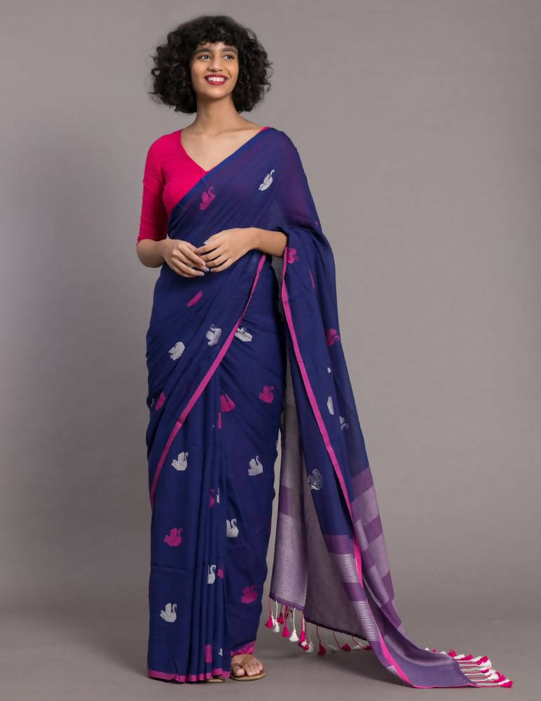 Suta Blue Pink Ethnic Motifs Handloom Cotton Woven Saree - Distacart