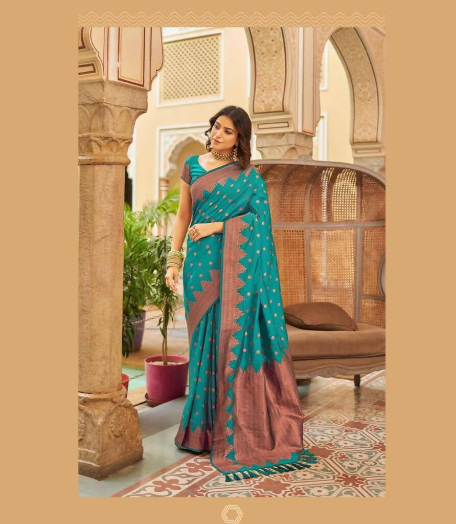 DEIANA'S Beautiful Golden Jari with New Design Soft Lichi Silk Saree - Sky - Distacart
